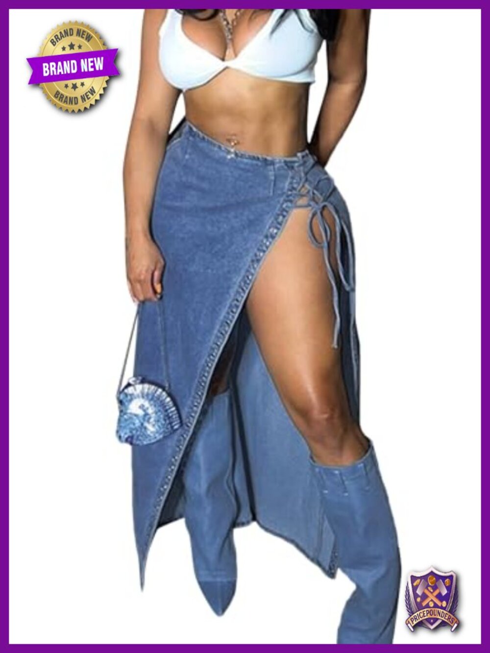 Women's Long Denim Maxi Skirt High Slit Tie Knot High Waisted Trendy